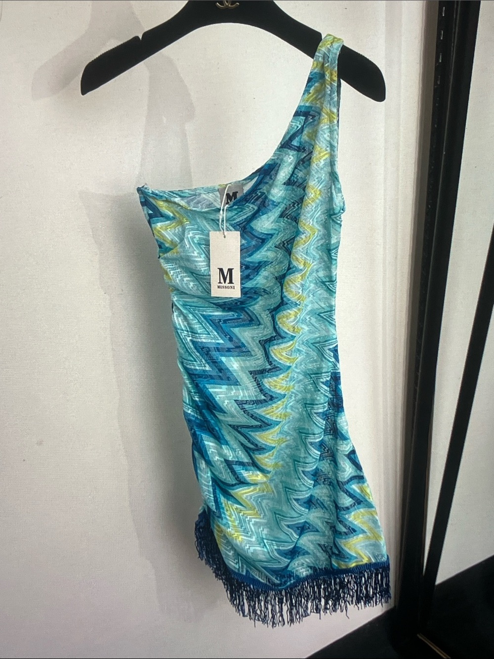 Missoni Turquoise & Navy One-Shoulder Zigzag Fringe Mini Dress